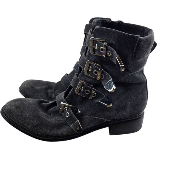 Marc Fisher Ankle Boots Womens 11 M Diante Gray Suede Silver Buckles Rock Biker - Picture 7 of 12